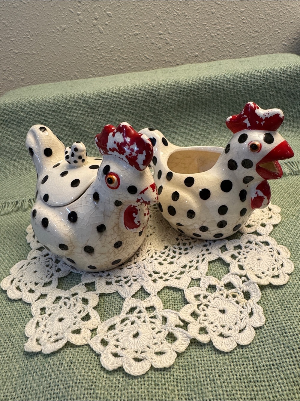 Rustic Lefton Matching Polka Dot Rooster/Chicken Sugar Bowl and Creamer